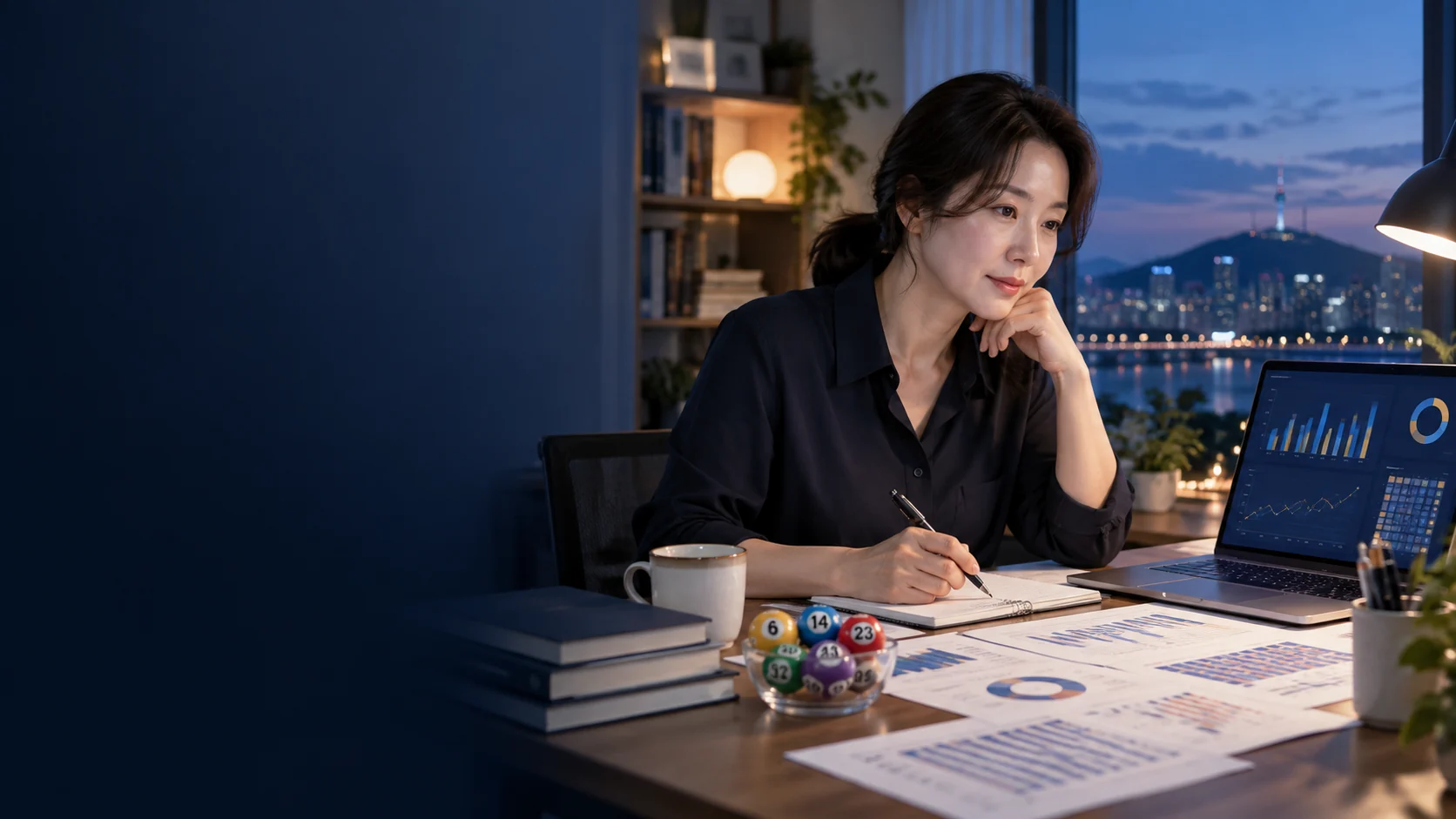 책상에서 공개 로또 회차 자료를 비교하며 기록하는 여성 연구자