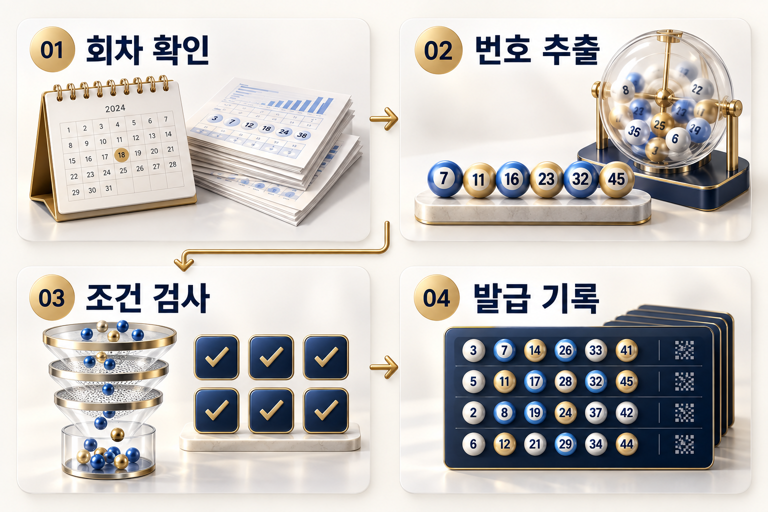 번호 발급 과정: 01 회차 확인, 02 번호 추출, 03 조건 검사, 04 발급 기록